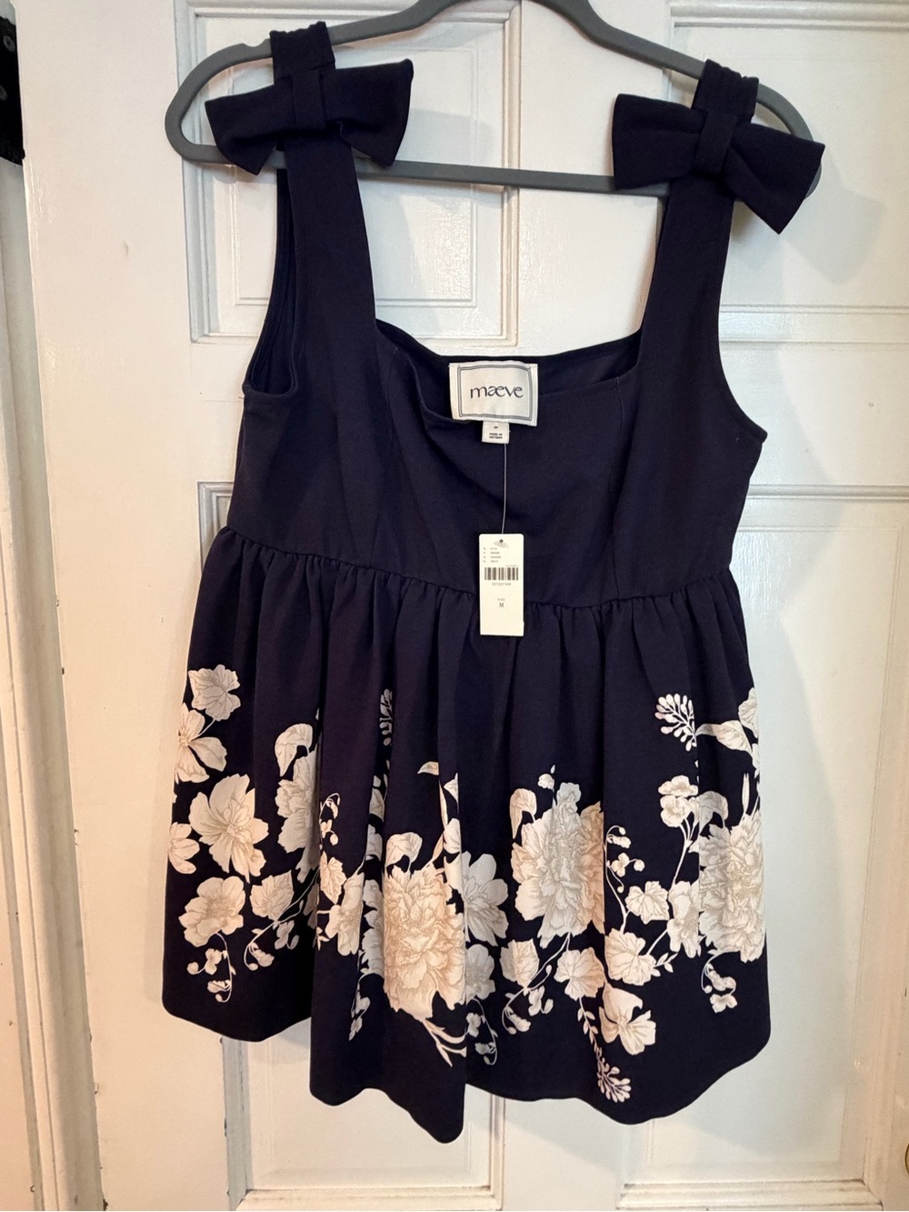 Maeve Navy Tank Top with Cream Floral Embroidery and Bow Straps